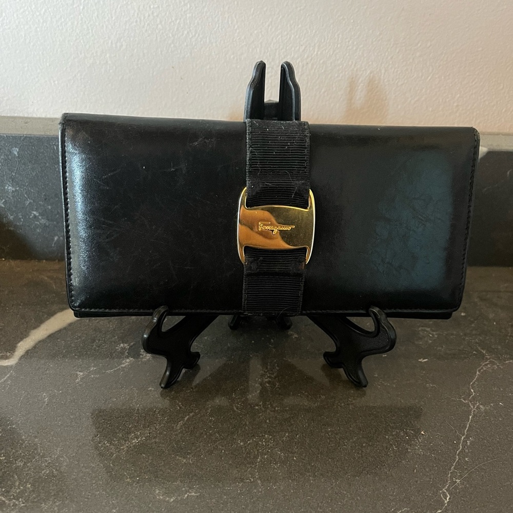 Salvatore Ferragamo long  leather black wallet with gold hardware